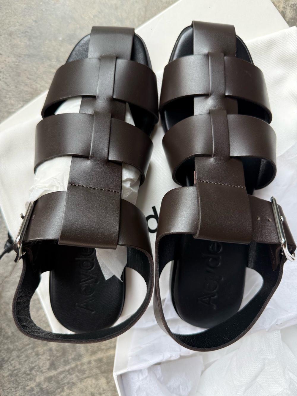 Aeyde Whit Leather Fisherman Sandals Dark Brown Size 39.5 New In Box